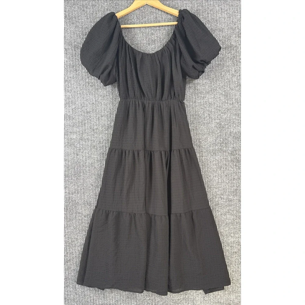 ASTR The Label Black Tiered Puff Sleeve Midi Dress Boho Goth Romantic Prairie S - Picture 2 of 9
